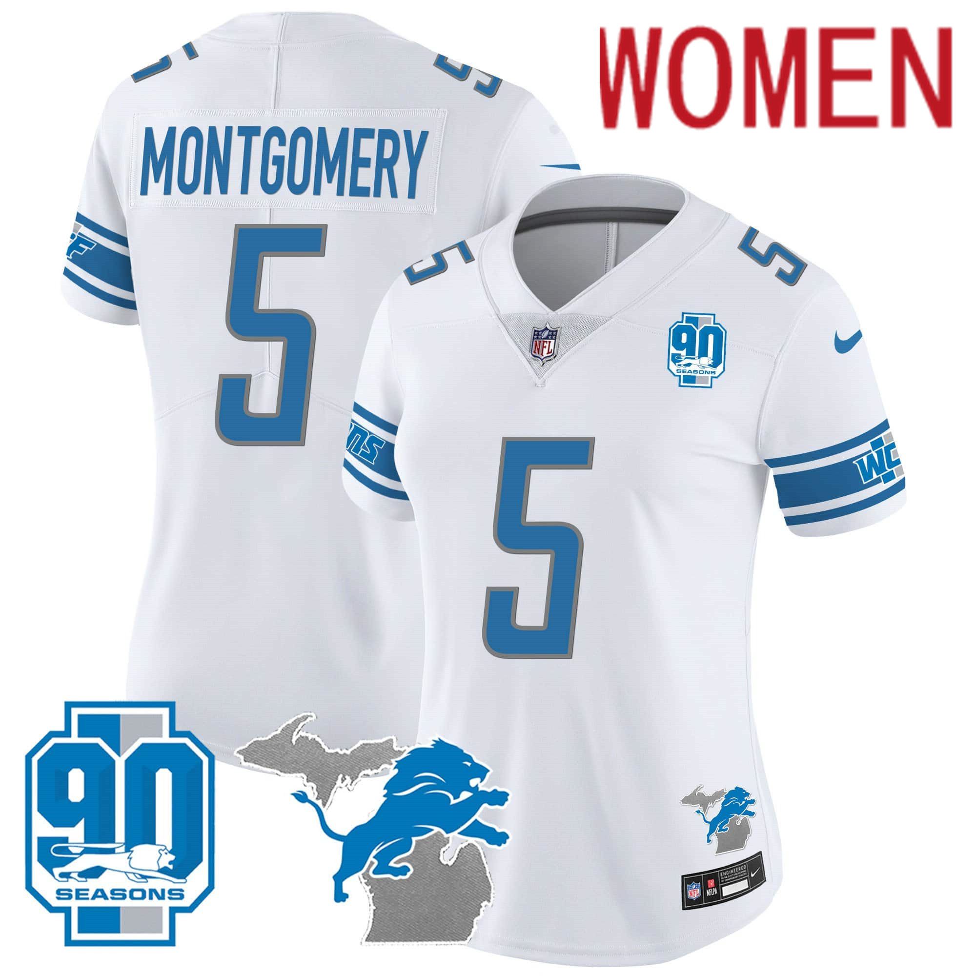 Women Detroit Lions #5 Montgomery White 2024 Nike 90th Year Michigan Patch Vapor NFL Jersey->women nfl jersey->Women Jersey